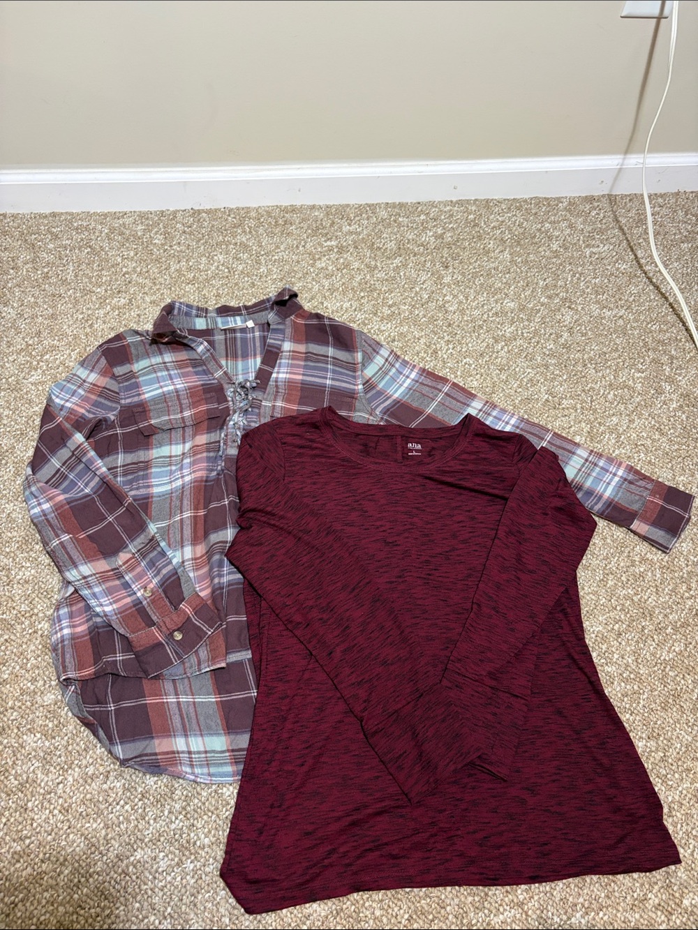 Lot of 2 -Long Sleeve Maroon Tee and Maroon Plaid Top